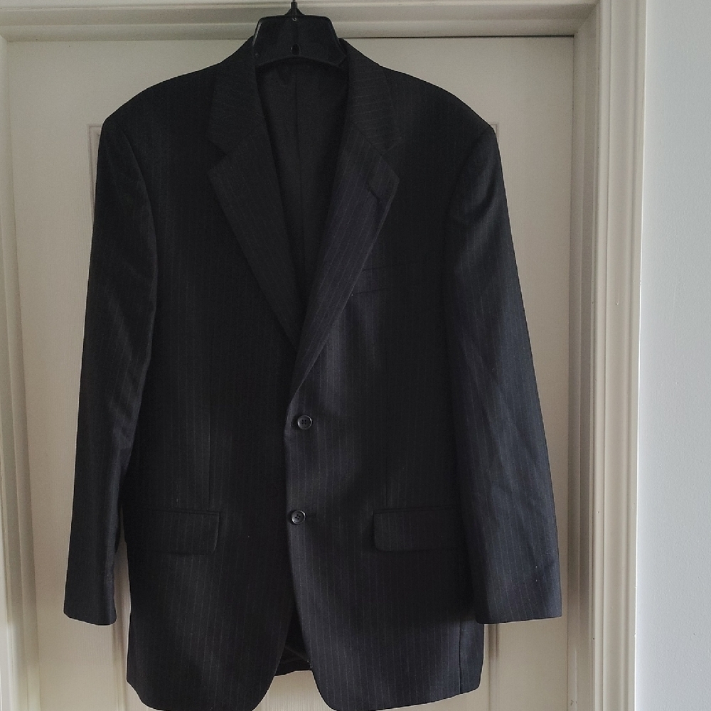 Black And Brown Pinstripe Coat Structured Shoulders and Traditional Lapels